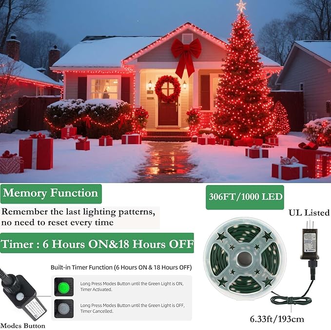 Tcamp 306FT 1000 LED Red Christmas Lights, 8 Modes Christmas Tree Lights with Timer Memory Function, Green Wire Starry Fairy String Light for Xmas Tree Outdoor Indoor Decor