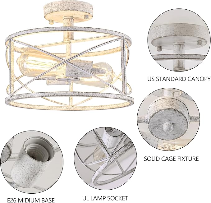2-Light Semi Flush Mount Distressed White Ceiling Light Fixture, Farmhouse Vintage Metal Cage with Adjustable Height, Dimmable for Hallway Entryway Kitchen Bedroom Foyer Laundry Low Ceiling