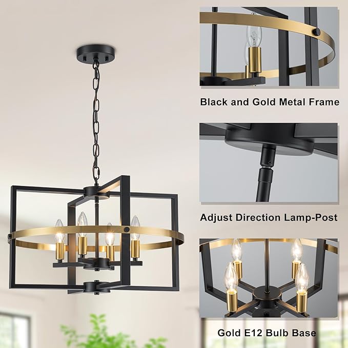 21.26'' Black Gold Chandelier 4-Light Modern Industrial Pendant Light Entryway Chandelier for Foyer Farmhouse Ceiling Lighting Fixture for Kitchen Island Dining Room Living Room Bedroom, Adjustable