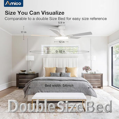 Amico Ceiling Fans with Lights, 52'' Smart RGB Ceiling Fan with Remote/APP/Alexa Control, Flush Mount, Reversible DC Motor, 5 Blades, 6 Speeds, 3CCT, Dimmable, Noiseless, Bedroom, Living Room, White