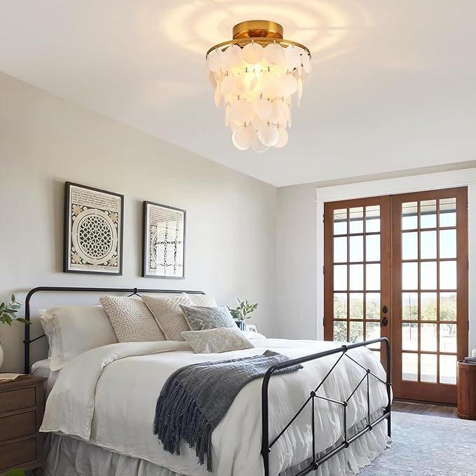 11.8" Capiz Shell Chandelier for Bedroom Ceiling Light Fixture with 4 Tier Shell Modern Gold Semi Flush Mount Ceiling Lights Chandeliers for Entryway,(More Additional Shell Parts Included) Gold