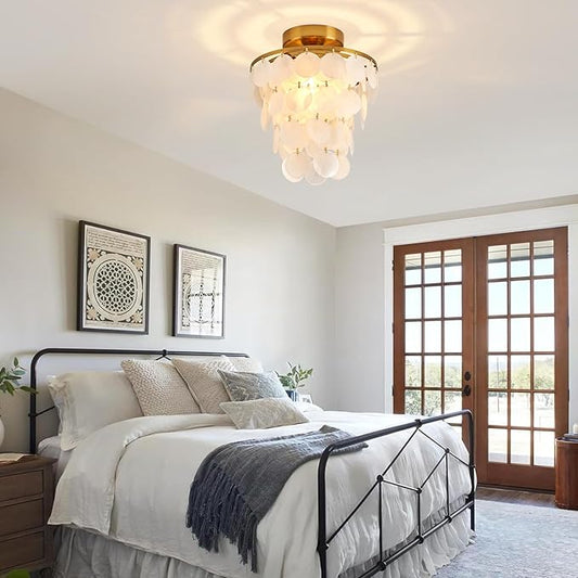 11.8" Capiz Shell Chandelier for Bedroom Ceiling Light Fixture with 4 Tier Shell Modern Gold Semi Flush Mount Ceiling Lights Chandeliers for Entryway,(More Additional Shell Parts Included) Gold