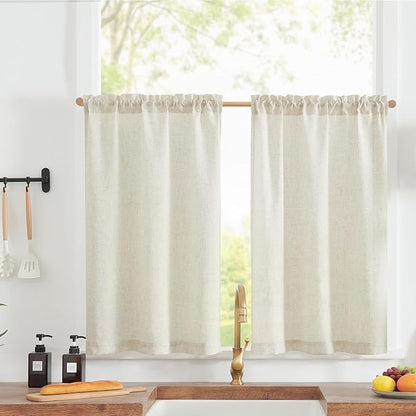 jinchan Linen Textured Tier Curtains 24 Inch for Kitchen Windows Country Farmhouse Cafe Small Curtain Rustic Light Filtering Half Curtains for Living Room Laundry Bathroom Rod Pocket 2 Panels Crude