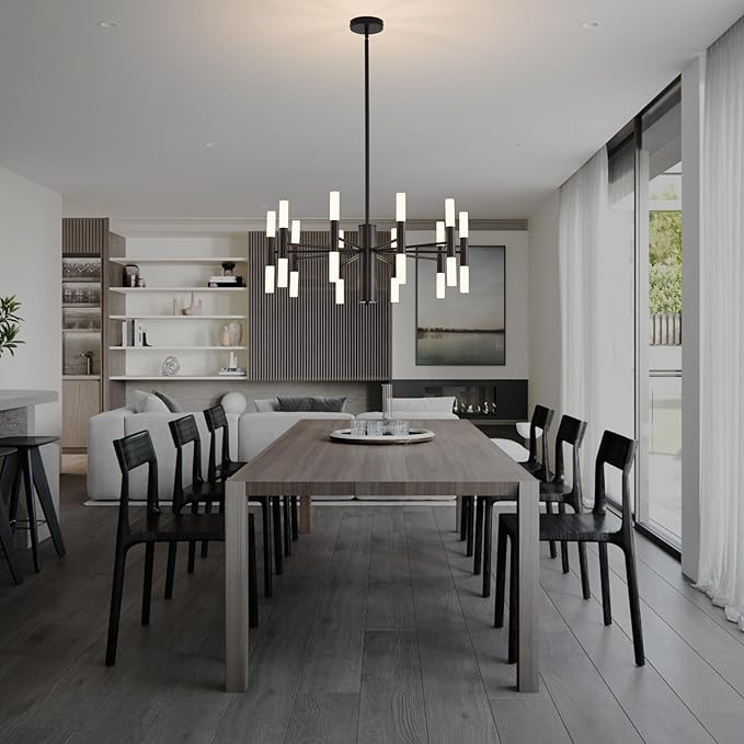 Modern Matte Black Chandelier 20-Light, Mid Century Sputnik Chandeliers with Acrylic Shades, 26.7" Candle Chandeliers for Dinging Room, High Ceilings, Living Room, Foyer, Entryway, G9 Base