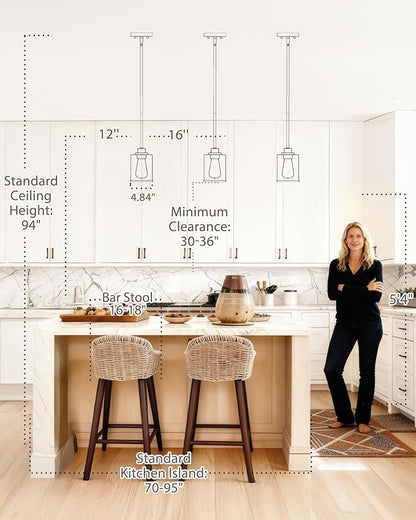 Beionxii Brushed Nickel Pendant Lights Kitchen Island, Hanging Lights Fixtures with Clear Glass, Kitchen Pendant Lighting Over Island, Hanging Lights for Sink, Dining Room, Entryway, BX-PL02BN-CG