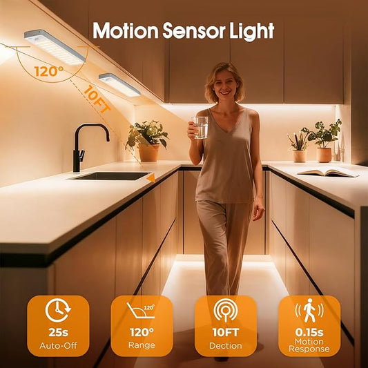 Under Cabinet Rechargeable Dimmable Lighting: 3 Color Temperature Motion Sensor Lights Indoor - Battery Operated Lights - Activated Closet Magnetic Wireless Led Light for Kitchen Home Bathroom 4 Pack