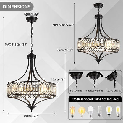 20" Black Crystal Chandeliers for Dining Room, 5-Light Modern Farmhouse Round Crystal Chandelier Light Fixture, Adjustable Height Hanging Pendant Lights Living Room Bedroom Kitchen Island Entryway