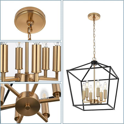 MELUCEE Black Lantern Pendant Light 6 Light Industrial Cage Chandelier with E12 Brass Candle-Shaped Base Rustic Geometric Hanging Light Fixture for Kitchen Island Foyer Dining Room