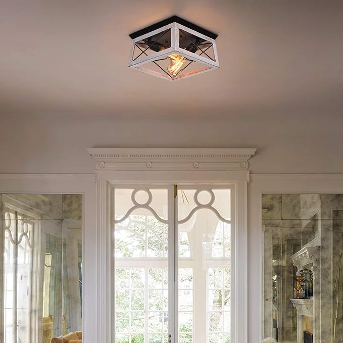 Luupyia 2Light Farmhouse Ceiling Light Fixture Semi Flush Mount, White Ceiling Light Rectangle Rustic Lighting Farmhouse Hallway Lights Fixtures Foyer Lighting for Entryway 11Inches, E26