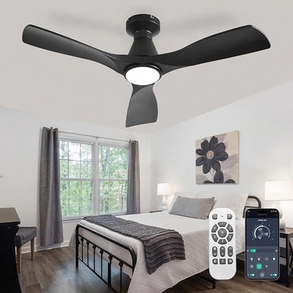 DLLT 42-Inch Ceiling Fans with Lights: Flush Mount Ceiling Fan 3 Blades for Indoor Outdoor - Black Ceiling Fan with Remote APP Control Noiseless for Low Profile Bedroom