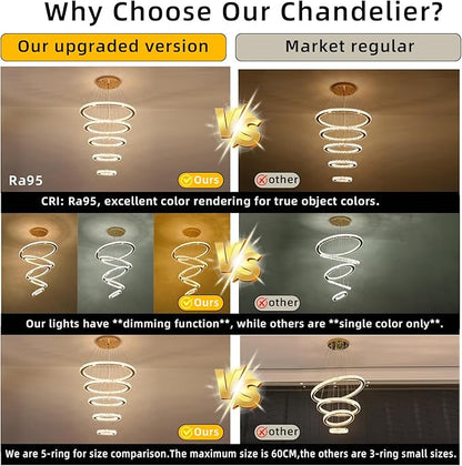 Modern Crystal Chandelier Dimmable 5 Rings LED Gold Chandelier Linear Chandelier Dining Room Light Fixture with Remote for Entryway, Bedroom,Living Room and Foyer