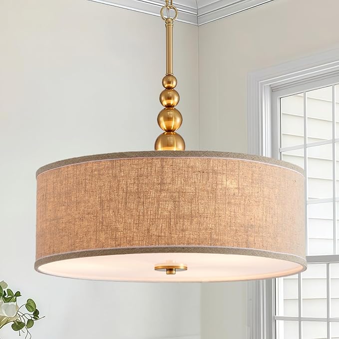 Shrine Lighting Drum Chandeliers, Farmhouse Style, Perfect Drum Pendant Light for Dining Room, D20'' x H7'', Adjustable Chains 59'', E26*3 Sockets, Beige Linen Fabric Lampshade & Gold Rod