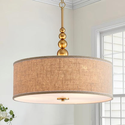Shrine Lighting Drum Chandeliers, Farmhouse Style, Perfect Drum Pendant Light for Dining Room, D20'' x H7'', Adjustable Chains 59'', E26*3 Sockets, Beige Linen Fabric Lampshade & Gold Rod