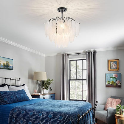 LumFurn 6-Light Glass Chandeliers, Modern 3-Tier Pendant Light Fixture for Dining Room, Living Room, D17.7 x H19~51 Inch Adjustable Height, Frosted Feather-Shaped Glass Shade & Black Finish Frame