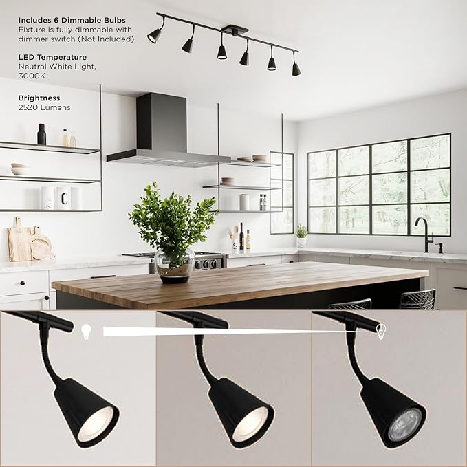 Modern LED 6-Light Track Lighting, Matte Black, 44 Inch, 6 GU10 LED Bulb Included, Directional Lighting, Kitchen Lighting Fixtures Ceiling, Spotlight Fixtures, Wall Lights for Living Room