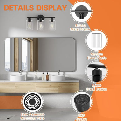 Bathroom Vanity Light Fixtures Matte Black Bathroom Lighting Fixture, 3 Lights Bathroom Light Fixture Over Mirror, Modern Black Vanity Light, UL Certified Wall Sconces with Glass Shades