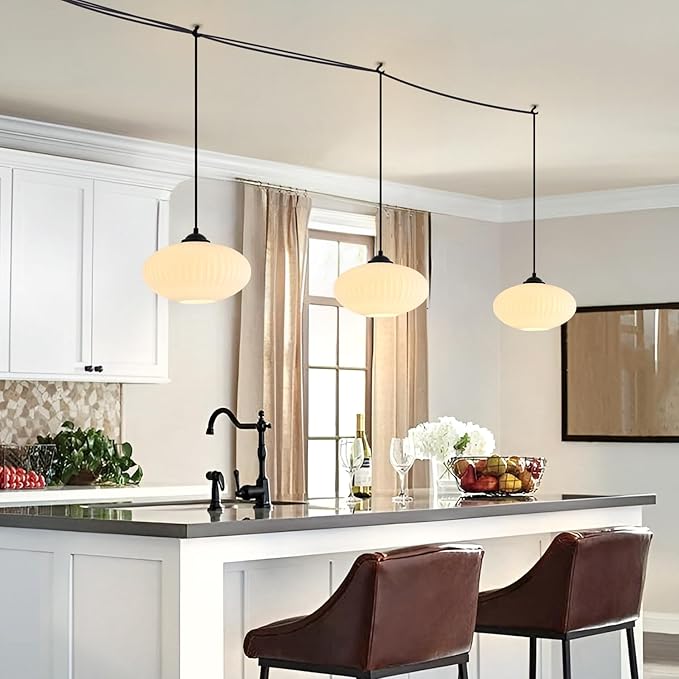 Mid Century Modern Hanging Lights with Plug in Cord Large Milk Glass Pendant Light Black Industrial Pendant Light Plug in Hanging Light Fixture for Bedroom