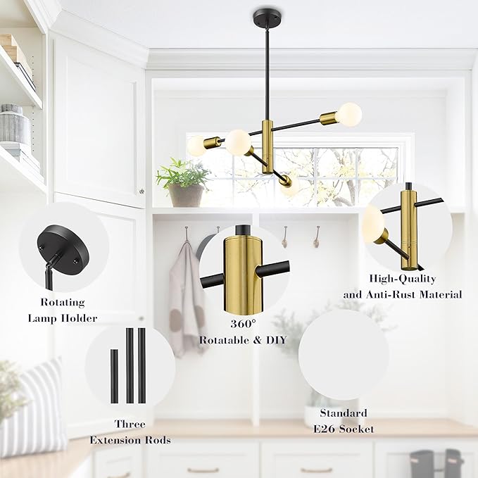 Modern Sputnik Chandelier Adjustable 4-Light Industrial Ceiling Light Fixture Mid Century Semi Flush Mount Ceiling Light Fixture Farmhouse Pendant Lighting for Dining Room Bedroom Gold