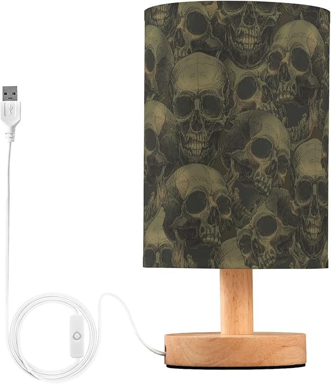 Scary Skull Pattern Table Lamp with Wood Base Fabric Lamp Shade Bedside Nightstand Desk Lamp for Living Room Bedroom Kids Room Office