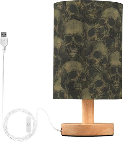 Scary Skull Pattern Table Lamp with Wood Base Fabric Lamp Shade Bedside Nightstand Desk Lamp for Living Room Bedroom Kids Room Office