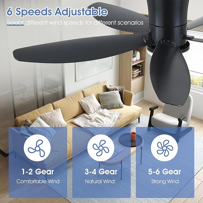 Surtime 48" Ceiling Fans with Lights-Low Profile Ceiling Fan with Light and Remote/APP Control, Black Flush Mount Ceiling Fans,DC Reversible,LED Dimmable
