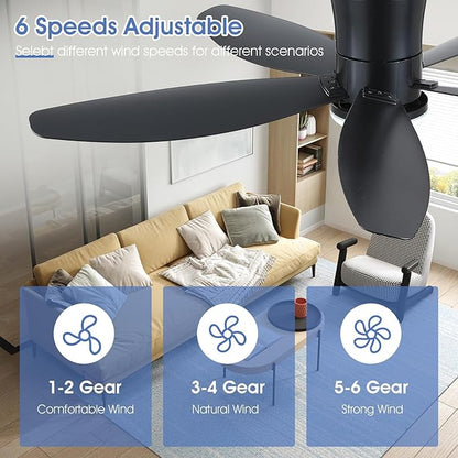 Surtime 48" Ceiling Fans with Lights-Low Profile Ceiling Fan with Light and Remote/APP Control, Black Flush Mount Ceiling Fans,DC Reversible,LED Dimmable