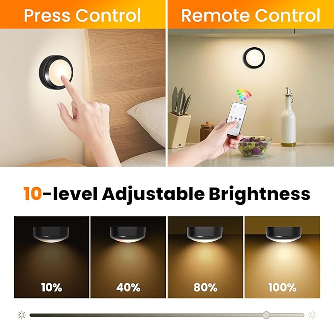 LED Puck Lights with Remote Control, 16 Color Changing Under Cabinet Lighting with Dimmer & Timer, AAA Battery Operated,Under for Closet Bedroom Kitchen, Stair (6 Pack White)