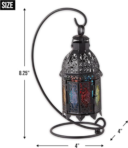 Zingz & Thingz Moroccan Style Candle Lantern Holder, Decorative Light Home Decor, Indoor & Outdoor, 13" Tall, Black with Rainbow Glass