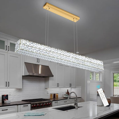 Rectangular Crystal Chandelier Glam Dimmable LED Crystal Chandeliers for Dining Room Linear Pendant Light with Remote Control for Kitchen Island Gold