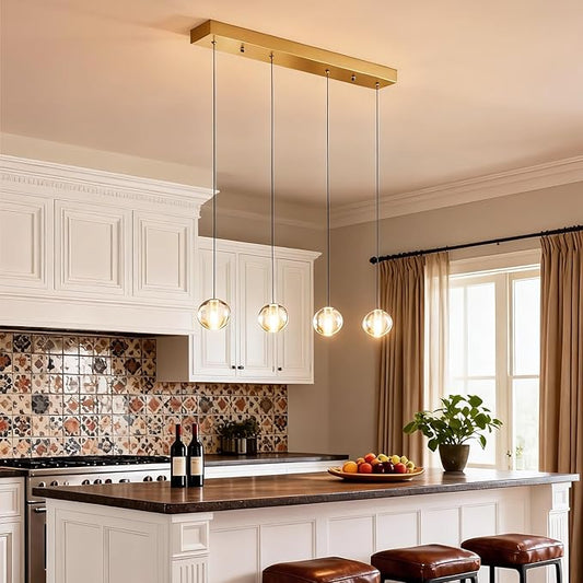 Brushed Gold 4 Lights Pendant Lights Kitchen Island Modern, Crystal Globe Hanging Dining Room Lights Over Table, Rectangular Chandeliers Over Sink for Living Room Hallway Bedroom