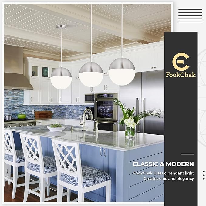 10in Brushed Nickel Pendant Light Globe Glass Kitchen Island Pendant Light Fixtures Modern Frosted Glass Hanging Light Milky White Ball Pendant Lights for Kitchen Sink Dining Room Entry Bathroom