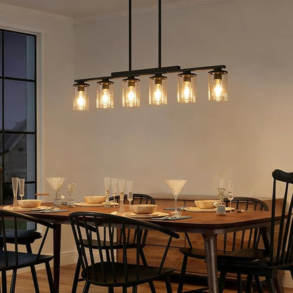 2026 Upgrade 40.15'' Large Dining Room Chandelier Over Table, 6-Light Wood Island Lights for Kitchen Island Lighting, Farmhouse Dining Room Light Fixture Black Farmhouse Chandeliers for Dining Room