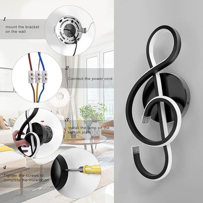 XEYOU 22W Modern Wall Sconce Lighting Indoor LED Creative Wall Light Fixture Music Symbol Art Decoration Wall Lamp for Living Room Bedroom Stair Corridor (Black 6000Kelvin)