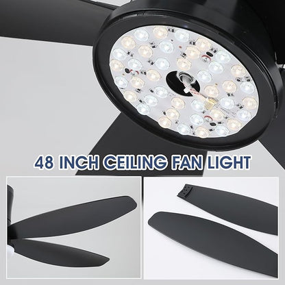 Surtime 48" Ceiling Fans with Lights-Low Profile Ceiling Fan with Light and Remote/APP Control, Black Flush Mount Ceiling Fans,DC Reversible,LED Dimmable