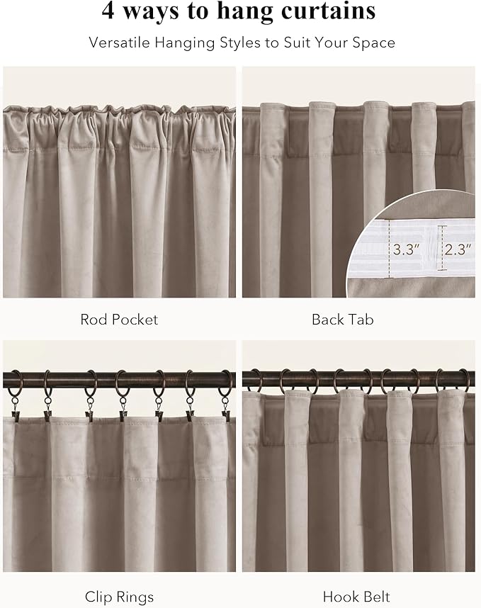 StangH Back Tab Camel Beige Velvet Curtains Room Darkening Thermal Insulated Drapes for Doorway/Sliding Door Privacy for Bedroom/Living Room/Closet, W42 x L90, 2 Panels
