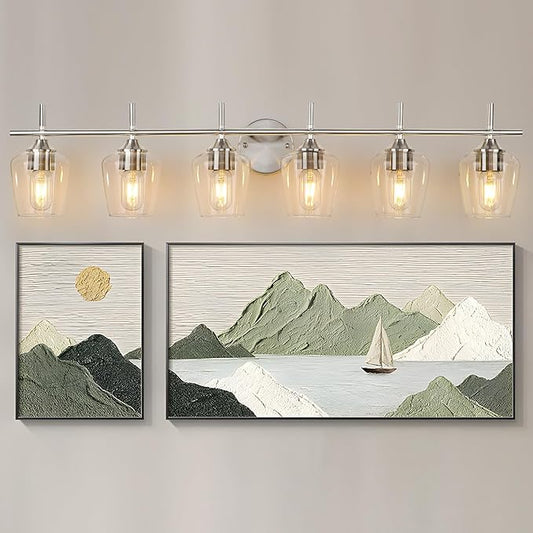 Bathroom Vanity Light Fixtures, Bathroom 6-Lights Over Mirror Modern Vanity Lighting with Clear Wine Glass Shade Wall Lamp for Bedroom Hallway Living Room (Nickel, 6-Light)