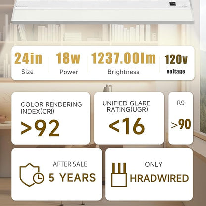 Ansen Hardwired Under Cabinet Lighting, 24in 18W LED Light for Kitchen/Closet, 1237lm, CRI>92, R9>90, 5 Color Temperature, Dimmable, 2700K-5000K(Warm White, Cool White, Daylight)