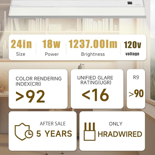 Ansen Hardwired Under Cabinet Lighting, 24in 18W LED Light for Kitchen/Closet, 1237lm, CRI>92, R9>90, 5 Color Temperature, Dimmable, 2700K-5000K(Warm White, Cool White, Daylight)
