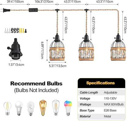 3 Light Hemp Rope Plug in Pendant Light Rattan Hanging Lights with Plug in Cord with Woven Lamp Shade, Plug in Cord Hemp Rope Hanging Lamp