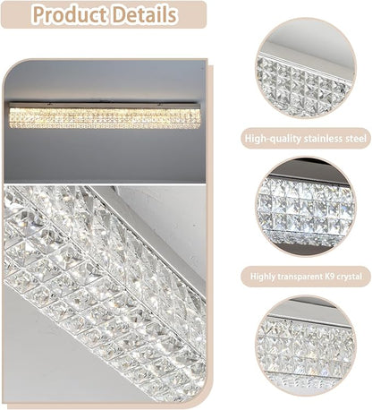 ykolupty L48 Rectangular Chandelier Flush Mount Rectangle Chandelier Modern K9 Crystal Chandeliers Light Fixture for Dining Room Bedroom Bar Silver Crystal Ceiling Lights