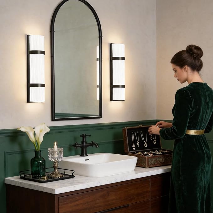 LED Bathroom 16 Inch Vanity Lighting Fixtures | CRI 90 4000K Matte Black Wall Sconces Set of Two with White Frosted Glass Lamp Shade | 120V 15W 1200LM Dimmable with Dimmer Switch(not Included)