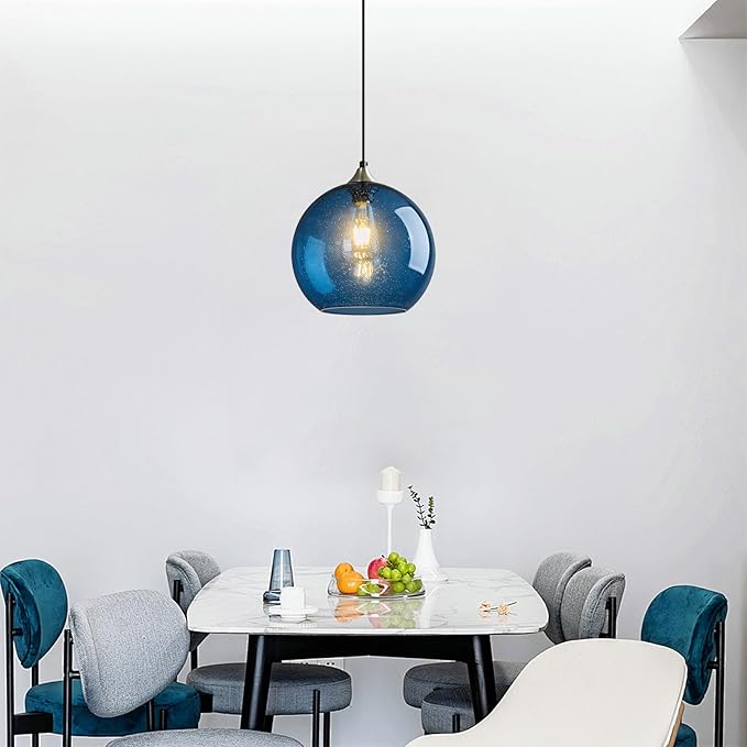 Mikeru Glass Globe Pendant Light Single, 7.87 Inch Blue Bubble Glass Hanging Lamp, Mid Century Modern Pendant Lighting for Kitchen Island Dining Room Bedroom (Bulb Not Included)