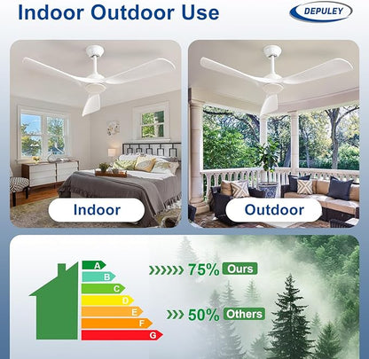 Depuley Ceiling Fan Without Light: 52 Inch 3 Blade Outdoor Fans for Patios - White Ceiling Fan No Light Indoor Remote Control Ultra Quiet DC Motor Reversible 6 Speed Timer