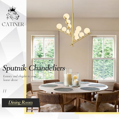 CATINER 12 Lights Gold Sputnik Chandeliers L36”Mid Century Ceiling Pendant Lighting with Milk Glass Globe Shades Modern Chandelier for High Ceiling Foyer Living Room Dining Room
