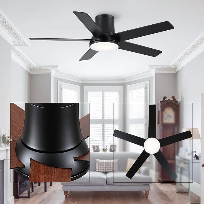 52 Inch Ceiling Fans with Lights and Remote, Flush Mount Black Ceiling Fan for Bedroom Living Room Indoor/Outdoor, Quiet 6 Speed Reversible DC Motor, 3CCT, Dual Color 5 Blades, ETL Listed