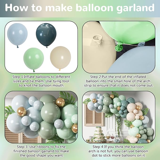 HILAVO Dusty Blue Sage Green Balloon Arch Kit Slate Fog Blue Pastel Green White Sand Beige Gold Balloons Garland for Jungle Safari Birthday Baby Shower Wedding Party Decorations