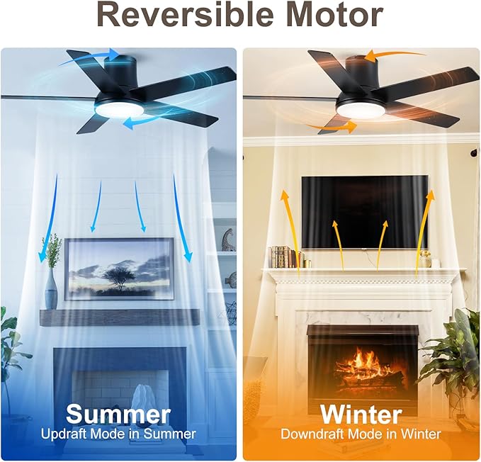 52 Inch Ceiling Fans with Lights and Remote, Flush Mount Black Ceiling Fan for Bedroom Living Room Indoor/Outdoor, Quiet 6 Speed Reversible DC Motor, 3CCT, Dual Color 5 Blades, ETL Listed