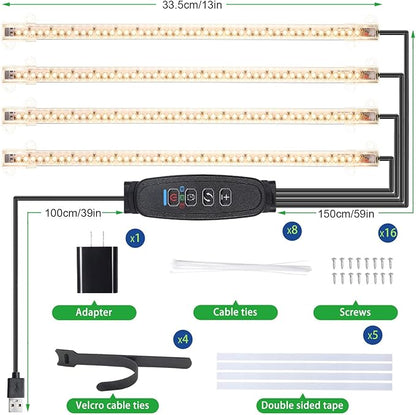 RWNTAO LED Plant Growing Lamp Strips, Full Spectrum 3500K Grow Light for Indoor Plants with 3/9/12H Timer and 10 Dimmable Levels for Green House Hydroponics Succulent, 4 Head 13 Inches