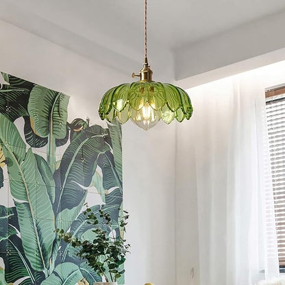 Green Glass Pendant Light Fixtures Medium 9.8 Inches Lampshade Gold Brass Finish and Switch Vintage Pendant Ceiling Lamp Copper Farmhouse Pendant Lighting (Green)