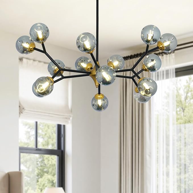Depuley Glass Globe Sputnik Chandelier: 15-Light Modern Matte Black and Gold Ceiling Light Fixture - Vintage Hanging Chandeliers for Living Room Kitchen Dining Room Bedroom (Included G9 Bulbs)